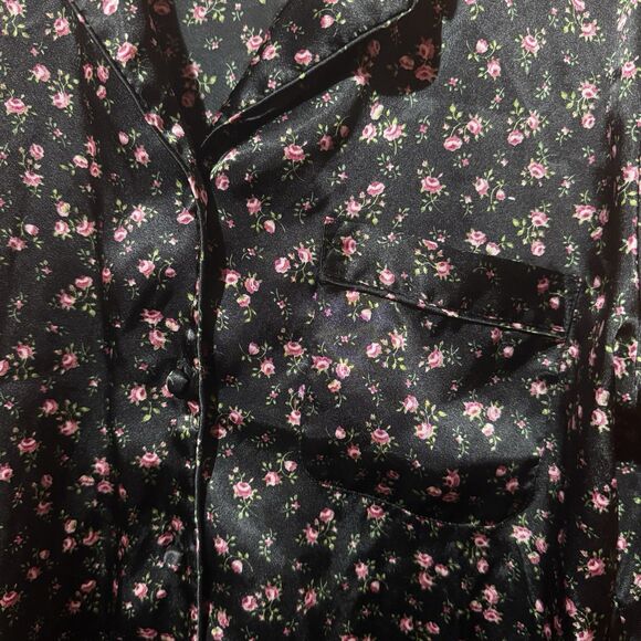 Morgan Taylor Intimates Womens Pajama Top M Medium Black Pink Flowers Button Up - Picture 3 of 6